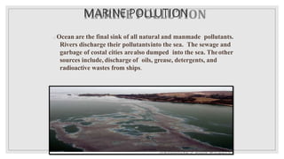 MARINE POLLUTION
Ocean are the final sink of all natural and manmade pollutants.
Rivers discharge their pollutantsinto the sea. The sewage and
garbage of costal cities arealso dumped into the sea. Theother
sources include, discharge of oils, grease, detergents, and
radioactive wastes from ships.
 