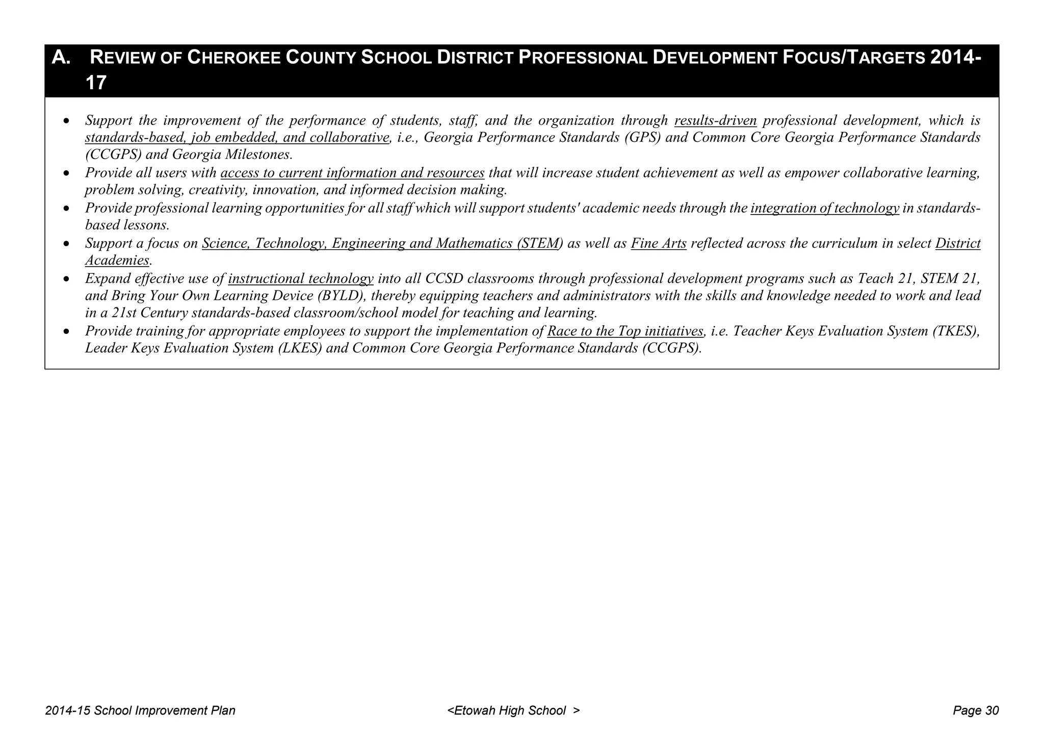 A. REVIEW OF CHEROKEE COUNTY SCHOOL DISTRICT PROFESSIONAL DEVELOPMENT FOCUS/TARGETS 2014-
17
• Support the improvement of the performance of students, staff, and the organization through results-driven professional development, which is
standards-based, job embedded, and collaborative, i.e., Georgia Performance Standards (GPS) and Common Core Georgia Performance Standards
(CCGPS) and Georgia Milestones.
• Provide all users with access to current information and resources that will increase student achievement as well as empower collaborative learning,
problem solving, creativity, innovation, and informed decision making.
• Provide professional learning opportunities for all staff which will support students' academic needs through the integration of technology in standards-
based lessons.
• Support a focus on Science, Technology, Engineering and Mathematics (STEM) as well as Fine Arts reflected across the curriculum in select District
Academies.
• Expand effective use of instructional technology into all CCSD classrooms through professional development programs such as Teach 21, STEM 21,
and Bring Your Own Learning Device (BYLD), thereby equipping teachers and administrators with the skills and knowledge needed to work and lead
in a 21st Century standards-based classroom/school model for teaching and learning.
• Provide training for appropriate employees to support the implementation of Race to the Top initiatives, i.e. Teacher Keys Evaluation System (TKES),
Leader Keys Evaluation System (LKES) and Common Core Georgia Performance Standards (CCGPS).
2014-15 School Improvement Plan <Etowah High School > Page 30
 