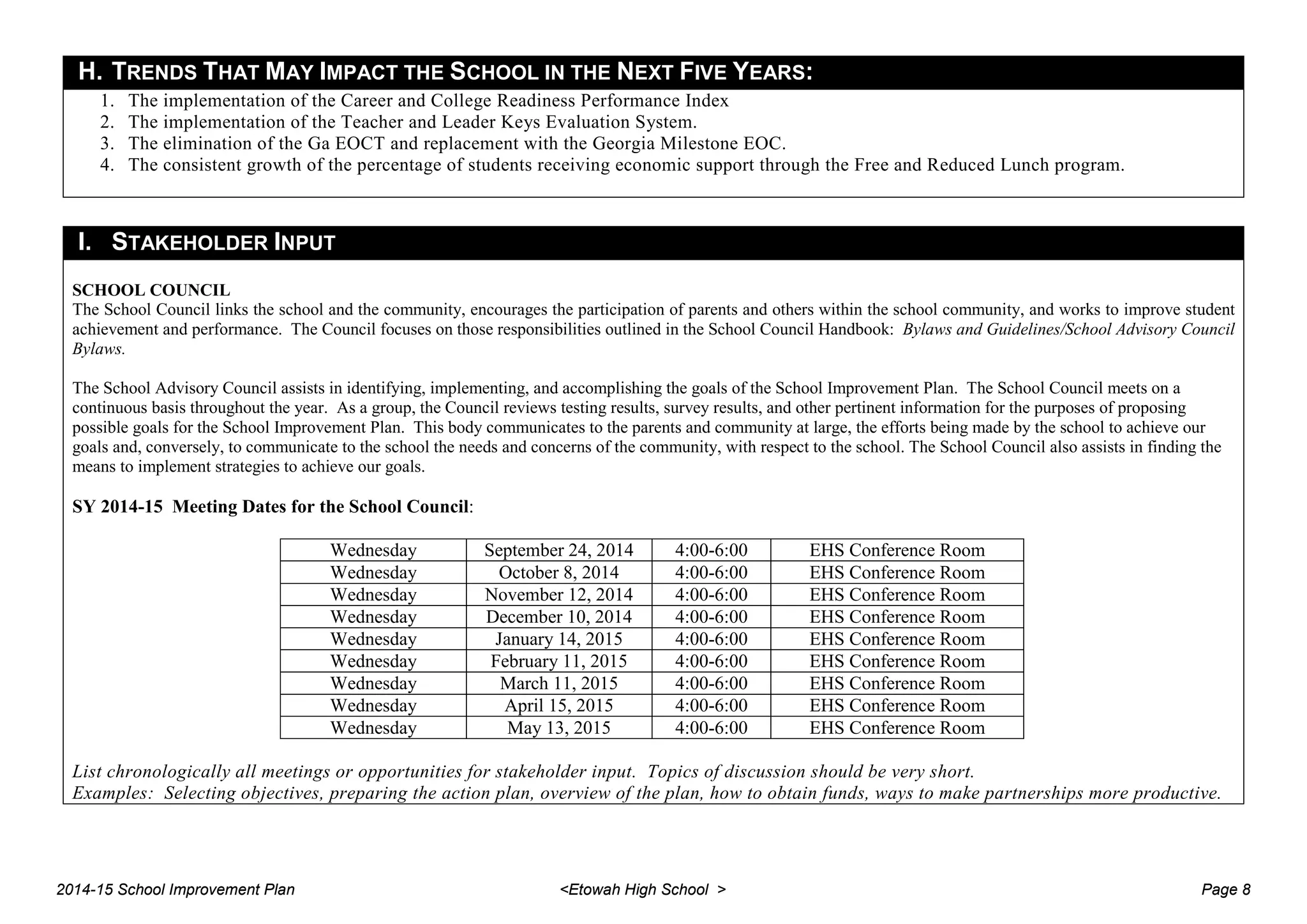 H. TRENDS THAT MAY IMPACT THE SCHOOL IN THE NEXT FIVE YEARS:
1. The implementation of the Career and College Readiness Performance Index
2. The implementation of the Teacher and Leader Keys Evaluation System.
3. The elimination of the Ga EOCT and replacement with the Georgia Milestone EOC.
4. The consistent growth of the percentage of students receiving economic support through the Free and Reduced Lunch program.
I. STAKEHOLDER INPUT
SCHOOL COUNCIL
The School Council links the school and the community, encourages the participation of parents and others within the school community, and works to improve student
achievement and performance. The Council focuses on those responsibilities outlined in the School Council Handbook: Bylaws and Guidelines/School Advisory Council
Bylaws.
The School Advisory Council assists in identifying, implementing, and accomplishing the goals of the School Improvement Plan. The School Council meets on a
continuous basis throughout the year. As a group, the Council reviews testing results, survey results, and other pertinent information for the purposes of proposing
possible goals for the School Improvement Plan. This body communicates to the parents and community at large, the efforts being made by the school to achieve our
goals and, conversely, to communicate to the school the needs and concerns of the community, with respect to the school. The School Council also assists in finding the
means to implement strategies to achieve our goals.
SY 2014-15 Meeting Dates for the School Council:
Wednesday September 24, 2014 4:00-6:00 EHS Conference Room
Wednesday October 8, 2014 4:00-6:00 EHS Conference Room
Wednesday November 12, 2014 4:00-6:00 EHS Conference Room
Wednesday December 10, 2014 4:00-6:00 EHS Conference Room
Wednesday January 14, 2015 4:00-6:00 EHS Conference Room
Wednesday February 11, 2015 4:00-6:00 EHS Conference Room
Wednesday March 11, 2015 4:00-6:00 EHS Conference Room
Wednesday April 15, 2015 4:00-6:00 EHS Conference Room
Wednesday May 13, 2015 4:00-6:00 EHS Conference Room
List chronologically all meetings or opportunities for stakeholder input. Topics of discussion should be very short.
Examples: Selecting objectives, preparing the action plan, overview of the plan, how to obtain funds, ways to make partnerships more productive.
2014-15 School Improvement Plan <Etowah High School > Page 8
 