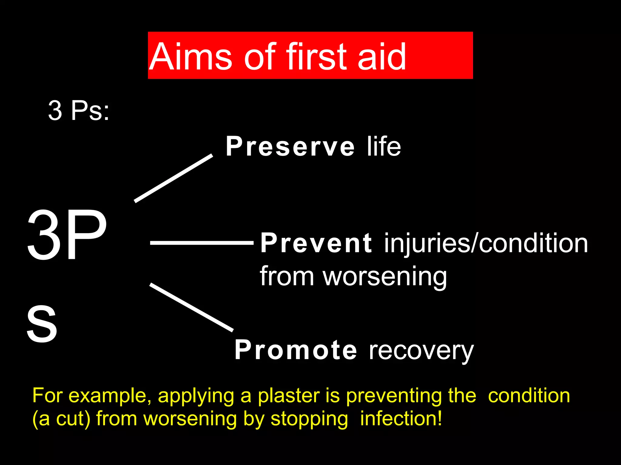 Aims of first aid
3P
s
3 Ps:
Preserve life
Prevent injuries/condition
from worsening
Promote recovery
For example, applying a plaster is preventing the condition
(a cut) from worsening by stopping infection!
 