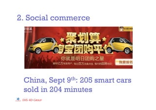 2. Social commerce
China, Sept 9th: 205 smart cars
sold in 204 minutes
 