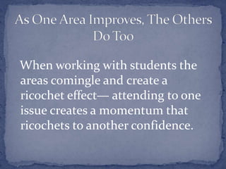 As One Area Improves, The Others Do TooWhen working with students the areas comingle and create a ricochet effect— attending to one issue creates a momentum that ricochets to another confidence.