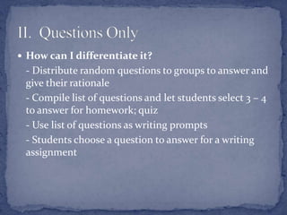 What is it?	- Used with poems or prose passages	- Students complete individual annotations	- Groups of 3-5, students pass their annotated copy to person on right	- Each person adds their own commentary	-  Process continues until readers have their original papers backI.  Collaborative Annotation