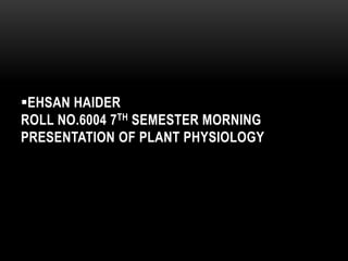 EHSAN HAIDER
ROLL NO.6004 7TH SEMESTER MORNING
PRESENTATION OF PLANT PHYSIOLOGY
 