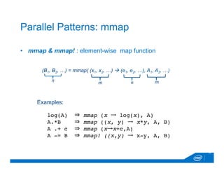•  mmap & mmap! : element-wise map function
14
Parallel Patterns: mmap
(B1, B2, …) = mmap( (x1, x2, …) à (e1, e2, …), A1, A2, …)
n mm n
Examples:
log(A) ⇒ mmap (x → log(x), A)
A.*B ⇒ mmap ((x, y) → x*y, A, B)
A .+ c ⇒ mmap (x→x+c,A)
A -= B ⇒ mmap! ((x,y) → x-y, A, B)
 
