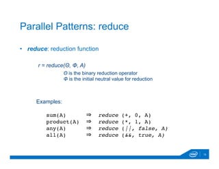 •  reduce: reduction function

15
Parallel Patterns: reduce
r = reduce(Θ, Φ, A)
Θ is the binary reduction operator
Φ is the initial neutral value for reduction
Examples:
sum(A) ⇒ reduce (+, 0, A)
product(A) ⇒ reduce (*, 1, A)
any(A) ⇒ reduce (||, false, A)
all(A) ⇒ reduce (&&, true, A)
 