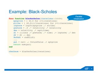 @acc function blackscholes(iterations::Int64)
sptprice = [ 42.0 for i=1:iterations]
strike = [ 40.0+(i/iterations) for i=1:iterations]
logterm = log10(sptprice ./ strike)
powterm = .5 .* volatility .* volatility
den = volatility .* sqrt(time)
d1 = (((rate .+ powterm) .* time) .+ logterm) ./ den
d2 = d1 .- den
NofXd1 = cndf2(d1)
...
put = call .- futureValue .+ sptprice
return sum(put)
end
checksum = blackscholes(iterations)
28
Example: Black-Scholes
Parallel
initialization
 