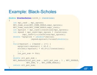 double blackscholes(int64_t iterations)
{
int mpi_rank , mpi_nprocs;
MPI_Comm_size(MPI_COMM_WORLD,&mpi_nprocs);
MPI_Comm_rank(MPI_COMM_WORLD,&mpi_rank);
int mystart = mpi_rank∗(iterations/mpi_nprocs);
int myend = mpi_rank==mpi_nprocs ? iterations:
(mpi_rank+1)∗(iterations/mpi_nprocs);
double *sptprice = (double*)malloc(
(myend-mystart)*sizeof(double));
…
for(i=mystart ; i<myend ; i++) {
sptprice[i-mystart] = 42.0 ;
strike[i-mystart] = 40.0+(i/iterations);
. . .
loc_put_sum += Put;
}
double all_put_sum ;
MPI_Reduce(&loc_put_sum , &all_put_sum , 1 , MPI_DOUBLE,
MPI_SUM, 0 , MPI_COMM_WORLD);
return all_put_sum;
} 29
Example: Black-Scholes
 