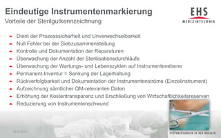 Dient der Prozesssicherheit und UnverwechselbarkeitNull Fehler bei der SiebzusammenstellungKontrolle und Dokumentation der ReparaturenÜberwachung der Anzahl der Sterilisationsdurchläufe Überwachung der Wartungs- und Lebenszyklen auf InstrumentenebenePermanent-Inventur = Senkung der LagerhaltungRückverfolgbarkeit und Dokumentation der Instrumentenströme (Einzelinstrument)Aufzeichnung sämtlicher QM-relevanten DatenErhöhung der Kostentransparenz und Erschließung von WirtschaftlichkeitsreservenReduzierung von InstrumentenschwundEindeutige InstrumentenmarkierungVorteile der Sterilgutkennzeichnung04.01.20117
