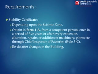 Requirements :
 Stability Certificate :
Depending upon the Seismic Zone.
Obtain in form 1-A, from a competent person, once in
a period of five years or after every extension,
alteration, repairs or addition of machinery, plants etc.
through Chief Inspector of Factories (Rule 3-C).
Re-do after changes in the Building.
 