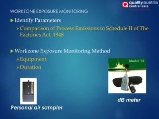 WORKZONE EXPOSURE MONITORING
 Identify Parameters
Comparison of Process Emissions to Schedule II of The
Factories Act, 1948
 Workzone Exposure Monitoring Method
Equipment
Duration
Personal air sampler
dB meter
 