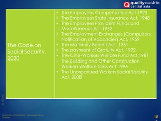 The Code on
Social Security,
2020
• The Employees Compensation Act 1923
• The Employees State Insurance Act, 1948
• The Employees Provident Funds and
Miscellaneous Act 1952
• The Employment Exchanges (Compulsory
Notification of Vacancies) Act, 1959
• The Maternity Benefit Act, 1961
• The payment of Gratuity Act, 1972
• The Cine-Workers Welfare Fund Act 1981
• The Building and Other Construction
Workers Welfare Cess Act 1996
• The Unorganized Workers Social Security
Act, 2008
18
 