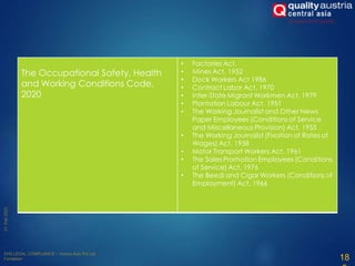The Occupational Safety, Health
and Working Conditions Code,
2020
• Factories Act.
• Mines Act, 1952
• Dock Workers Act 1986
• Contract Labor Act, 1970
• Inter-State Migrant Workmen Act, 1979
• Plantation Labour Act, 1951
• The Working Journalist and Other News
Paper Employees (Conditions of Service
and Miscellaneous Provision) Act, 1955
• The Working Journalist (Fixation of Rates of
Wages) Act, 1958
• Motor Transport Workers Act, 1961
• The Sales Promotion Employees (Conditions
of Service) Act, 1976
• The Beedi and Cigar Workers (Conditions of
Employment) Act, 1966
18
 