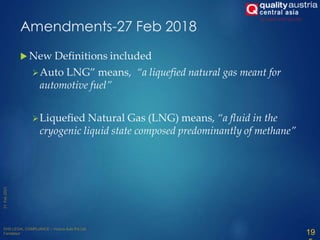 Amendments-27 Feb 2018
 New Definitions included
Auto LNG” means, “a liquefied natural gas meant for
automotive fuel”
Liquefied Natural Gas (LNG) means, “a fluid in the
cryogenic liquid state composed predominantly of methane”
19
 