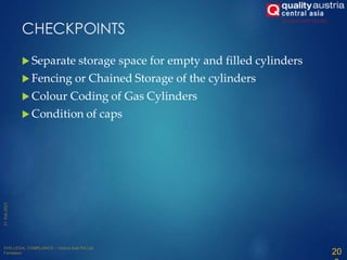 CHECKPOINTS
 Separate storage space for empty and filled cylinders
 Fencing or Chained Storage of the cylinders
 Colour Coding of Gas Cylinders
 Condition of caps
20
 