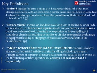  “Isolated storage" means storage of a hazardous chemical, other than
storage associated with an installation on the same site specified in Schedule
4 where that storage involves at least the quantities of that chemical set out
in Schedule 2; 1 [(j).
 “Major accident" means -an incident involving loss of life inside or outside
the installation, or ten or more injuries inside and/or one or more injuries
outside or release of toxic chemicals or explosion or fire or spillage of
hazardous chemicals resulting in on-site or off-site emergencies or damage
to equipment leading to stoppage of process or adverse affects to the
environment ; (ja)
 “Major accident hazards (MAH) installations" means - isolated
storage and industrial activity at a site handling (including transport
through carrier or pipeline) of hazardous chemicals equal to or, in excess of
the threshold quantities specified in, Column 3 of schedule 2 and 3
respectively;
Key Definitions:
45
 