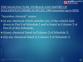 "hazardous chemical" means-
(i) any chemical which satisfies any of the criteria laid
down in Part I of Schedule I and is listed in Column 2 of
Part II of this Schedule;
(ii)any chemical listed in Column 2 of Schedule 2;
(iii) any chemical listed in Column 2 of Schedule 3;
46
THE MANUFACTURE, STORAGE AND IMPORT OF
HAZARDOUS CHEMICALRULES, 1989 (amended up to 2022)
 
