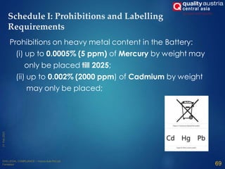 Schedule I: Prohibitions and Labelling
Requirements
Prohibitions on heavy metal content in the Battery:
(i) up to 0.0005% (5 ppm) of Mercury by weight may
only be placed till 2025;
(ii) up to 0.002% (2000 ppm) of Cadmium by weight
may only be placed;
69
 