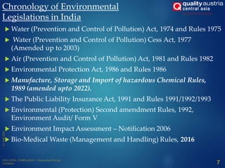  Water (Prevention and Control of Pollution) Act, 1974 and Rules 1975
 Water (Prevention and Control of Pollution) Cess Act, 1977
(Amended up to 2003)
 Air (Prevention and Control of Pollution) Act, 1981 and Rules 1982
 Environmental Protection Act, 1986 and Rules 1986
 Manufacture, Storage and Import of hazardous Chemical Rules,
1989 (amended upto 2022).
 The Public Liability Insurance Act, 1991 and Rules 1991/1992/1993
 Environmental (Protection) Second amendment Rules, 1992,
Environment Audit/ Form V
 Environment Impact Assessment – Notification 2006
 Bio-Medical Waste (Management and Handling) Rules, 2016
Chronology of Environmental
Legislations in India
7
 