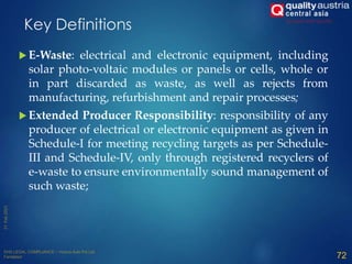  E-Waste: electrical and electronic equipment, including
solar photo-voltaic modules or panels or cells, whole or
in part discarded as waste, as well as rejects from
manufacturing, refurbishment and repair processes;
 Extended Producer Responsibility: responsibility of any
producer of electrical or electronic equipment as given in
Schedule-I for meeting recycling targets as per Schedule-
III and Schedule-IV, only through registered recyclers of
e-waste to ensure environmentally sound management of
such waste;
72
Key Definitions
 