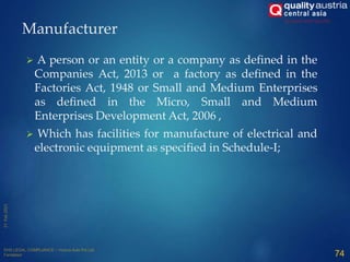  A person or an entity or a company as defined in the
Companies Act, 2013 or a factory as defined in the
Factories Act, 1948 or Small and Medium Enterprises
as defined in the Micro, Small and Medium
Enterprises Development Act, 2006 ,
 Which has facilities for manufacture of electrical and
electronic equipment as specified in Schedule-I;
74
Manufacturer
 