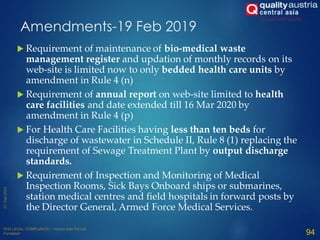  Requirement of maintenance of bio-medical waste
management register and updation of monthly records on its
web-site is limited now to only bedded health care units by
amendment in Rule 4 (n)
 Requirement of annual report on web-site limited to health
care facilities and date extended till 16 Mar 2020 by
amendment in Rule 4 (p)
 For Health Care Facilities having less than ten beds for
discharge of wastewater in Schedule II, Rule 8 (1) replacing the
requirement of Sewage Treatment Plant by output discharge
standards.
 Requirement of Inspection and Monitoring of Medical
Inspection Rooms, Sick Bays Onboard ships or submarines,
station medical centres and field hospitals in forward posts by
the Director General, Armed Force Medical Services.
94
Amendments-19 Feb 2019
 