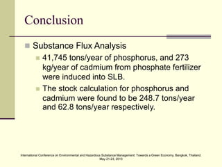 International Conference on Environmental and Hazardous Substance Management: Towards a Green Economy, Bangkok, Thailand.
May 21-23, 2013
International Conference on Environmental and Hazardous Substance Management: Towards a Green Economy, Bangkok, Thailand.
May 21-23, 2013
Conclusion
 Substance Flux Analysis
 41,745 tons/year of phosphorus, and 273
kg/year of cadmium from phosphate fertilizer
were induced into SLB.
 The stock calculation for phosphorus and
cadmium were found to be 248.7 tons/year
and 62.8 tons/year respectively.
 