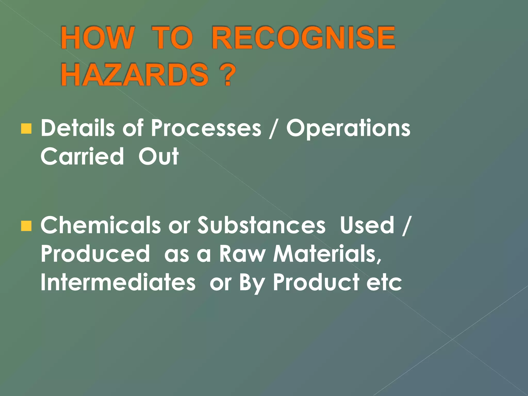 Details of Processes / Operations 
Carried Out 
Chemicals or Substances Used / 
Produced as a Raw Materials, 
Intermediates or By Product etc 
 