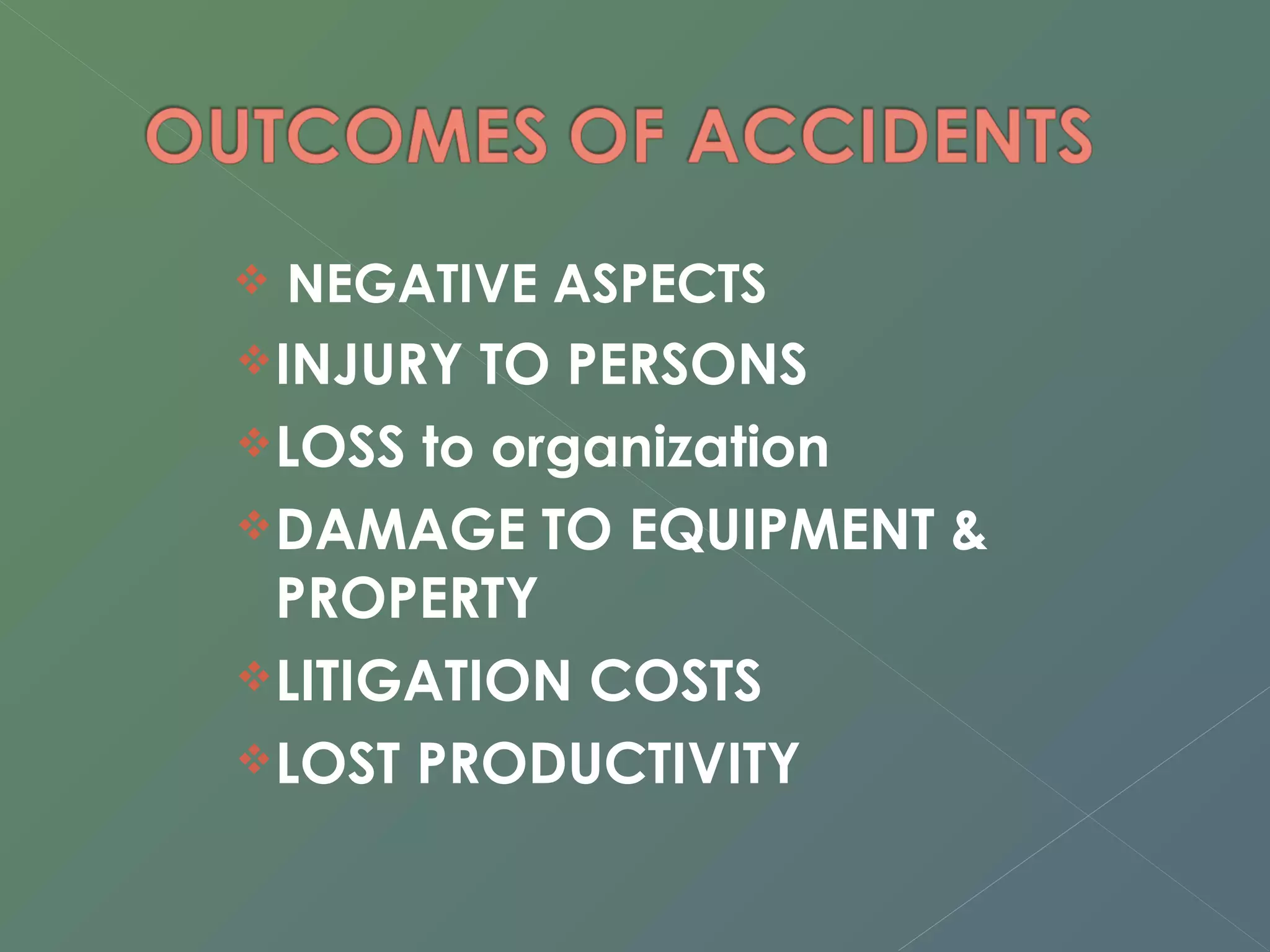  NEGATIVE ASPECTS 
INJURY TO PERSONS 
LOSS to organization 
DAMAGE TO EQUIPMENT & 
PROPERTY 
LITIGATION COSTS 
LOST PRODUCTIVITY 
 