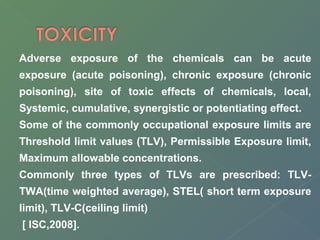 Adverse exposure of the chemicals can be acute 
exposure (acute poisoning), chronic exposure (chronic 
poisoning), site of toxic effects of chemicals, local, 
Systemic, cumulative, synergistic or potentiating effect. 
Some of the commonly occupational exposure limits are 
Threshold limit values (TLV), Permissible Exposure limit, 
Maximum allowable concentrations. 
Commonly three types of TLVs are prescribed: TLV-TWA( 
time weighted average), STEL( short term exposure 
limit), TLV-C(ceiling limit) 
[ ISC,2008]. 
 