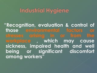 “Recognition, evaluation & control of 
those environmental factors or 
stresses arising in or from the 
workplace , which may cause 
sickness, impaired health and well 
being or significant discomfort 
among workers” 
 