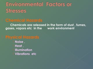  Chemical Hazards 
Chemicals are released in the form of dust , fumes, 
gases, vapors etc in the work environment 
 Physical Hazards 
 Noise , 
 Heat , 
 Illumination 
 Vibrations etc 
 