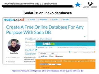 Informazio datubase sormena Web 2.0 baliabideekin 
SodaDB: onlineko datubasea 
http://www.makeuseof.com/tag/create-a-free-online-database-for-any-purpose-with-soda-db/ 
 