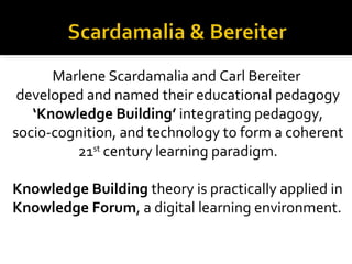 Marlene Scardamalia and Carl Bereiter
 developed and named their educational pedagogy
   ‘Knowledge Building’ integrating pedagogy,
socio-cognition, and technology to form a coherent
         21st century learning paradigm.

Knowledge Building theory is practically applied in
Knowledge Forum, a digital learning environment.
 