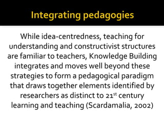 While idea-centredness, teaching for
understanding and constructivist structures
are familiar to teachers, Knowledge Building
  integrates and moves well beyond these
 strategies to form a pedagogical paradigm
 that draws together elements identified by
    researchers as distinct to 21st century
 learning and teaching (Scardamalia, 2002)
 