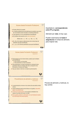 Importante la correspondencia
entre FP y el grado.
Admisión por nota, no hay cupo.
Pueden examinarse de hasta 4
asignaturas en la fase de admisión,
para mejorar nota.
Proceso de admisión y matrícula, no
hay cambio
 