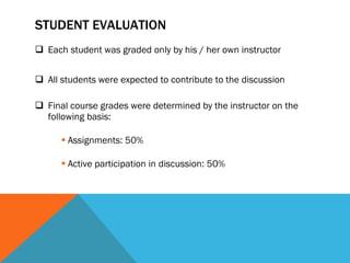 STUDENT EVALUATION  Each student was graded only by his / her own instructor All students were expected to contribute to the discussion   Final course grades were determined by the instructor on the following basis:  Assignments: 50%  Active participation in discussion: 50%  