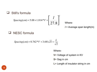  Still's formula
                                                     2


         Spacing (cm) = 5.08 + 1.814 *V +
                                           l 
                                           27.8 
                                                       Where-
                                                         l = Average span length(m)

       NESC formula

                                                L
          Spacing (cm) = 0.762 *V + 3.681 S +
                                                 2

                                            Where-
                                            V= Voltage of system in KV
                                            S= Sag in cm
                                            L= Length of insulator string in cm
18
 