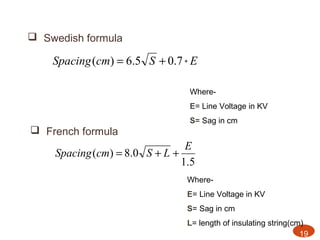  Swedish formula

    Spacing (cm) = 6.5 S + 0.7 * E

                                Where-
                                E= Line Voltage in KV
                                S= Sag in cm
 French formula
                                E
    Spacing (cm) = 8.0 S + L +
                               1.5
                                Where-
                                E= Line Voltage in KV
                                S= Sag in cm
                                L= length of insulating string(cm)
                                                                 19
 