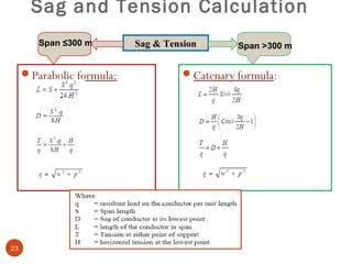 Sag and Tension Calculation
        Span ≤300 m        Sag & Tension       Span >300 m


     Parabolic formula:             Catenary formula:




23
 