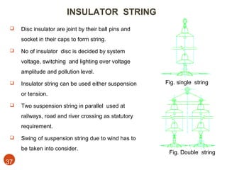INSULATOR STRING
    Disc insulator are joint by their ball pins and
     socket in their caps to form string.
    No of insulator disc is decided by system
     voltage, switching and lighting over voltage
     amplitude and pollution level.
    Insulator string can be used either suspension    Fig. single string

     or tension.
    Two suspension string in parallel used at
     railways, road and river crossing as statutory
     requirement.
    Swing of suspension string due to wind has to
     be taken into consider.
                                                        Fig. Double string
37
 