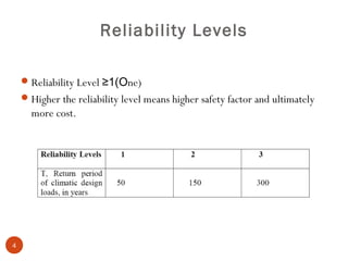 Reliability Levels

     Reliability Level ≥1(One)
     Higher the reliability level means higher safety factor and ultimately
      more cost.




4
 