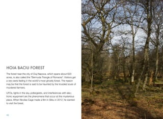 HOIA BACIU FOREST
The forest near the city of Cluj-Napoca, which spans about 620
acres, is also called the "Bermuda Triangle of Romania". Visitors get
a very eerie feeling in the world's most ghostly forest. The reason
may be that the forest is said to be haunted by the troubled souls of
murdered farmers.
UFOs, lights in the sky, poltergeists, and interferences with elec-
tronic equipment are the phenomena that occur at this mysterious
place. When Nicolas Cage made a ﬁlm in Sibiu in 2012, he wanted
to visit the forest.
45
 