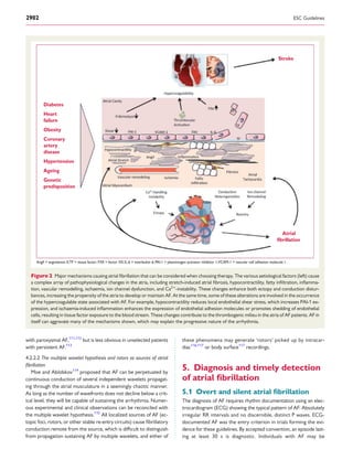 with paroxysmal AF,111,112
but is less obvious in unselected patients
with persistent AF.113
4.2.2.2 The multiple wavelet hypothesis and rotors as sources of atrial
ﬁbrillation
Moe and Abildskov114
proposed that AF can be perpetuated by
continuous conduction of several independent wavelets propagat-
ing through the atrial musculature in a seemingly chaotic manner.
As long as the number of wavefronts does not decline below a crit-
ical level, they will be capable of sustaining the arrhythmia. Numer-
ous experimental and clinical observations can be reconciled with
the multiple wavelet hypothesis.115
All localized sources of AF (ec-
topic foci, rotors, or other stable re-entry circuits) cause ﬁbrillatory
conduction remote from the source, which is difﬁcult to distinguish
from propagation sustaining AF by multiple wavelets, and either of
these phenomena may generate ‘rotors’ picked up by intracar-
diac116,117
or body surface117
recordings.
5. Diagnosis and timely detection
of atrial ﬁbrillation
5.1 Overt and silent atrial ﬁbrillation
The diagnosis of AF requires rhythm documentation using an elec-
trocardiogram (ECG) showing the typical pattern of AF: Absolutely
irregular RR intervals and no discernible, distinct P waves. ECG-
documented AF was the entry criterion in trials forming the evi-
dence for these guidelines. By accepted convention, an episode last-
ing at least 30 s is diagnostic. Individuals with AF may be
AngII = angiotensin II;TF = tissue factor; FXII = factor XII; IL-6 = interleukin 6; PAI-1 = plasminogen activator inhibitor 1;VCAM-1 = vascular cell adhesion molecule 1.
Diabetes
Heart
failure
Obesity
Coronary
artery
disease
Hypertension
Ageing
Genetic
predisposition
Stroke
Atrial
fibrillation
Figure 2 Major mechanisms causing atrial ﬁbrillation that can be considered when choosing therapy. The various aetiological factors (left) cause
a complex array of pathophysiological changes in the atria, including stretch-induced atrial ﬁbrosis, hypocontractility, fatty inﬁltration, inﬂamma-
tion, vascular remodelling, ischaemia, ion channel dysfunction, and Ca2+
-instability. These changes enhance both ectopy and conduction distur-
bances, increasing the propensity of the atria to develop or maintain AF. At the same time, some of these alterations are involved in the occurrence
of the hypercoagulable state associated with AF. For example, hypocontractility reduces local endothelial shear stress, which increases PAI-1 ex-
pression, and ischaemia-induced inﬂammation enhances the expression of endothelial adhesion molecules or promotes shedding of endothelial
cells, resulting in tissue factor exposure to the blood stream. These changes contribute to the thrombogenic milieu in the atria of AF patients. AF in
itself can aggravate many of the mechanisms shown, which may explain the progressive nature of the arrhythmia.
ESC Guidelines2902
 