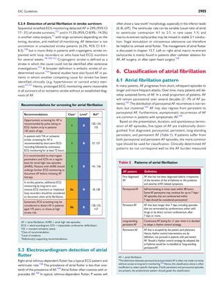 5.2.4 Detection of atrial ﬁbrillation in stroke survivors
Sequential stratiﬁed ECG monitoring detected AF in 24% (95% CI
17–31) of stroke survivors,151
and in 11.5% (95% CI 8.9%–14.3%)
in another meta-analysis,17
with large variations depending on the
timing, duration, and method of monitoring. AF detection is not
uncommon in unselected stroke patients (6.2%, 95% CI 4.4–
8.3),128
but is more likely in patients with cryptogenic stroke im-
planted with loop recorders or who have had ECG monitors
for several weeks.18,128,152
Cryptogenic stroke is deﬁned as a
stroke in which the cause could not be identiﬁed after extensive
investigations.153
A broader deﬁnition is embolic stroke of un-
determined source.154
Several studies have also found AF in pa-
tients in whom another competing cause for stroke has been
identiﬁed clinically (e.g. hypertension or carotid artery sten-
osis).27,127
Hence, prolonged ECG monitoring seems reasonable
in all survivors of an ischaemic stroke without an established diag-
nosis of AF.
Recommendations for screening for atrial ﬁbrillation
Recommendations Classa
Levelb
Ref C
Opportunistic screening for AF is
recommended by pulse taking or
ECG rhythm strip in patients
>65 years of age.
I B
130, 134,
155
In patients with TIA or ischaemic
stroke, screening for AF is
recommended by short-term ECG
recording followed by continuous
ECG monitoring for at least 72 hours.
I B 27, 127
It is recommended to interrogate
pacemakers and ICDs on a regular
basis for atrial high rate episodes
(AHRE). Patients with AHRE should
undergo further ECG monitoring to
document AF before initiating AF
therapy.
I B 141, 156
In stroke patients, additional ECG
monitoring by long-term non-
invasive ECG monitors or implanted
loop recorders should be considered
to document silent atrial fibrillation.
IIa B 18, 128
Systematic ECG screening may be
considered to detect AF in patients
aged >75 years, or those at high
stroke risk.
IIb B
130, 135,
157
AF ¼ atrial ﬁbrillation; AHRE ¼ atrial high rate episodes;
ECG ¼ electrocardiogram; ICD ¼ implantable cardioverter deﬁbrillator;
TIA ¼ transient ischaemic attack.
a
Class of recommendation.
b
Level of evidence.
c
Reference(s) supporting recommendations.
5.3 Electrocardiogram detection of atrial
ﬂutter
Right atrial isthmus-dependent ﬂutter has a typical ECG pattern and
ventricular rate.158
The prevalence of atrial ﬂutter is less than one-
tenth of the prevalence of AF.159
Atrial ﬂutter often coexists with or
precedes AF.160
In typical, isthmus-dependent ﬂutter, P waves will
often show a ‘saw tooth’ morphology, especially in the inferior leads
(II, III, aVF). The ventricular rate can be variable (usual ratio of atrial
to ventricular contraction 4:1 to 2:1, in rare cases 1:1) and
macro-re-entrant tachycardias may be missed in stable 2:1 conduc-
tion. Vagal stimulation or intravenous adenosine can therefore
be helpful to unmask atrial ﬂutter. The management of atrial ﬂutter
is discussed in chapter 13.7. Left or right atrial macro re-entrant
tachycardia is mainly found in patients after catheter ablation for
AF, AF surgery, or after open heart surgery.158
6. Classiﬁcation of atrial ﬁbrillation
6.1 Atrial ﬁbrillation pattern
In many patients, AF progresses from short, infrequent episodes to
longer and more frequent attacks. Over time, many patients will de-
velop sustained forms of AF. In a small proportion of patients, AF
will remain paroxysmal over several decades (2–3% of AF pa-
tients).161
The distribution of paroxysmal AF recurrences is not ran-
dom, but clustered.162
AF may also regress from persistent to
paroxysmal AF. Furthermore, asymptomatic recurrences of AF
are common in patients with symptomatic AF.120
Based on the presentation, duration, and spontaneous termin-
ation of AF episodes, ﬁve types of AF are traditionally distin-
guished: ﬁrst diagnosed, paroxysmal, persistent, long-standing
persistent, and permanent AF (Table 5). If patients suffer from
both paroxysmal and persistent AF episodes, the more common
type should be used for classiﬁcation. Clinically determined AF
patterns do not correspond well to the AF burden measured
Table 5 Patterns of atrial ﬁbrillation
AF pattern Definition
First diagnosed
AF
AF that has not been diagnosed before,irrespective
of the duration of the arrhythmia or the presence
and severity ofAF-related symptoms.
ParoxysmalAF Self-terminating,in most cases within 48 hours.
SomeAF paroxysms may continue for up to 7 days.a
AF episodes that are cardioverted within
7 days should be considered paroxysmal.a
PersistentAF AF that lasts longer than 7 days,including episodes
that are terminated by cardioversion,either with
drugs or by direct current cardioversion,after
7 days or more.
Long-standing
persistentAF
ContinuousAF lasting for ≥1 year when it is decided
to adopt a rhythm control strategy.
PermanentAF AF that is accepted by the patient (and physician).
Hence,rhythm control interventions are,by
AF. Should a rhythm control strategy be adopted,the
arrhythmia would be re-classified as ‘long-standing
definition, not pursued in patients with permanent
persistentAF’.
AF ¼ atrial ﬁbrillation.
a
The distinction between paroxysmal and persistent AF is often not made correctly
without access to long-term monitoring.163
Hence, this classiﬁcation alone is often
insufﬁcient to select speciﬁc therapies. If both persistent and paroxysmal episodes
are present, the predominant pattern should guide the classiﬁcation.
ESC Guidelines 2905
 