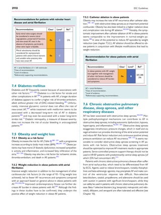 Recommendations for patients with valvular heart
disease and atrial ﬁbrillation
Recommendations Classa
Levelb
Ref C
Early mitral valve surgery should
be considered in severe mitral
regurgitation, preserved LV function,
and new-onset AF, even in the
absence of symptoms, particularly
when valve repair is feasible.
IIa C 276
Mitral valvulotomy should be
considered for asymptomatic
patients with severe mitral stenosis
and suitable valve anatomy who
have new-onset AF.
IIa C
AF ¼ atrial ﬁbrillation; LV ¼ left ventricular.
a
Class of recommendation.
b
Level of evidence.
c
Reference(s) supporting recommendations.
7.4 Diabetes mellitus
Diabetes and AF frequently coexist because of associations with
other risk factors.277 – 283
Diabetes is a risk factor for stroke and
other complications in AF.284
In patients with AF, a longer duration
of diabetes appears to confer a higher risk of thrombo-embolism,
albeit without greater risk of OAC-related bleeding.285
Unfortu-
nately, intensive glycaemic control does not affect the rate of
new-onset AF,284
while treatment with metformin seems to be
associated with a decreased long-term risk of AF in diabetic
patients286
and may even be associated with a lower long-term
stroke risk.13
Diabetic retinopathy, a measure of disease severity,
does not increase the risk of ocular bleeding in anticoagulated
patients.287
7.5 Obesity and weight loss
7.5.1 Obesity as a risk factor
Obesity increases the risk for AF (Table 8)288 – 291
with a progressive
increase according to body mass index (BMI).288,290 – 292
Obese pa-
tients may have more LV diastolic dysfunction, increased sympathet-
ic activity and inﬂammation, and increased fatty inﬁltration of the
atria.293 – 295
Obesity may also be a risk factor for ischaemic stroke,
thrombo-embolism, and death in AF patients.292
7.5.2 Weight reduction in obese patients with atrial
ﬁbrillation
Intensive weight reduction in addition to the management of other
cardiovascular risk factors (in the range of 10–15 kg weight loss
achieved), led to fewer AF recurrences and symptoms compared
with an approach based on general advice in obese patients with
AF.203,204,296
Improved cardiorespiratory ﬁtness can further de-
crease AF burden in obese patients with AF.297
Although the ﬁnd-
ings in these studies have to be conﬁrmed, they underpin the
positive effect of weight reduction in obese AF patients.
7.5.3 Catheter ablation in obese patients
Obesity may increase the rate of AF recurrence after catheter abla-
tion,298– 301
with obstructive sleep apnoea as an important potential
confounder. Obesity has also been linked to a higher radiation dose
and complication rate during AF ablation.302,303
Notably, the symp-
tomatic improvement after catheter ablation of AF in obese patients
seems comparable to the improvement in normal-weight pa-
tients.298
In view of the potential to reduce AF episodes by weight
reduction (see chapter 7.5.2.), AF ablation should be offered to ob-
ese patients in conjunction with lifestyle modiﬁcations that lead to
weight reduction.
Recommendation for obese patients with atrial
ﬁbrillation
Recommendation Classa
Levelb
Ref C
In obese patients with AF, weight
loss together with management
of other risk factors should be
considered to reduce AF burden
and symptoms.
IIa B
204, 288,
296
AF ¼ atrial ﬁbrillation.
a
Class of recommendation.
b
Level of evidence.
c
Reference(s) supporting recommendation.
7.6 Chronic obstructive pulmonary
disease, sleep apnoea, and other
respiratory diseases
AF has been associated with obstructive sleep apnoea.304,305
Mul-
tiple pathophysiological mechanisms can contribute to AF in
obstructive sleep apnoea, including autonomic dysfunction, hypoxia,
hypercapnia, and inﬂammation.96,304 – 307
Obstructive sleep apnoea
exaggerates intrathoracic pressure changes, which in itself and via
vagal activation can provoke shortening of the atrial action potential
and induce AF. Risk factor reduction and continuous positive airway
pressure ventilation can reduce AF recurrence.308 – 312
It seems rea-
sonable to consider obstructive sleep apnoea screening in AF pa-
tients with risk factors. Obstructive sleep apnoea treatment
should be optimized to improve AF treatment results in appropriate
patients. Servo-controlled pressure support therapy should not be
used in HFrEF patients with predominantly central sleep apnoea (of
which 25% had concomitant AF).313
Patients with chronic obstructive pulmonary disease often suffer
from atrial tachycardias, which need to be differentiated from AF
by ECG. Agents used to relieve bronchospasm, notably theophyl-
lines and beta-adrenergic agonists, may precipitate AF and make con-
trol of the ventricular response rate difﬁcult. Non-selective
beta-blockers, sotalol, propafenone, and adenosine should be used
with caution in patients with signiﬁcant bronchospasm, while they
can safely be used in patients with chronic obstructive pulmonary dis-
ease. Beta-1 selective blockers (e.g. bisoprolol, metoprolol, and nebi-
volol), diltiazem, and verapamil are often tolerated and effective (see
Chapter 10).
ESC Guidelines2910
 