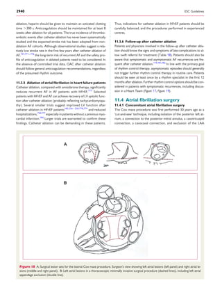 ablation, heparin should be given to maintain an activated clotting
time .300 s. Anticoagulation should be maintained for at least 8
weeks after ablation for all patients. The true incidence of thrombo-
embolic events after catheter ablation has never been systematically
studied and the expected stroke risk has been adopted from non-
ablation AF cohorts. Although observational studies suggest a rela-
tively low stroke rate in the ﬁrst few years after catheter ablation of
AF,737,771 –776
the long-term risk of recurrent AF and the safety pro-
ﬁle of anticoagulation in ablated patients need to be considered. In
the absence of controlled trial data, OAC after catheter ablation
should follow general anticoagulation recommendations, regardless
of the presumed rhythm outcome.
11.3.5 Ablation of atrial ﬁbrillation in heart failure patients
Catheter ablation, compared with amiodarone therapy, signiﬁcantly
reduces recurrent AF in AF patients with HFrEF.777
Selected
patients with HFrEF and AF can achieve recovery of LV systolic func-
tion after catheter ablation (probably reﬂecting tachycardiomyopa-
thy). Several smaller trials suggest improved LV function after
catheter ablation in HFrEF patients185,226 – 228,778,779
and reduced
hospitalizations,720,777
especially in patients without a previous myo-
cardial infarction.780
Larger trials are warranted to conﬁrm these
ﬁndings. Catheter ablation can be demanding in these patients.
Thus, indications for catheter ablation in HFrEF patients should be
carefully balanced, and the procedures performed in experienced
centres.
11.3.6 Follow-up after catheter ablation
Patients and physicians involved in the follow-up after catheter abla-
tion should know the signs and symptoms of late complications to al-
low swift referral for treatment (Table 18). Patients should also be
aware that symptomatic and asymptomatic AF recurrences are fre-
quent after catheter ablation.119,781,782
In line with the primary goal
of rhythm control therapy, asymptomatic episodes should generally
not trigger further rhythm control therapy in routine care. Patients
should be seen at least once by a rhythm specialist in the ﬁrst 12
months after ablation. Further rhythm control options should be con-
sidered in patients with symptomatic recurrences, including discus-
sion in a Heart Team (Figure 17, Figure 19).
11.4 Atrial ﬁbrillation surgery
11.4.1 Concomitant atrial ﬁbrillation surgery
The Cox maze procedure was ﬁrst performed 30 years ago as a
‘cut-and-sew’ technique, including isolation of the posterior left at-
rium, a connection to the posterior mitral annulus, a cavotricuspid
connection, a cavocaval connection, and exclusion of the LAA
Figure 18 A: Surgical lesion sets for the biatrial Cox maze procedure. Surgeon’s view showing left atrial lesions (left panel) and right atrial le-
sions (middle and right panel). B: Left atrial lesions in a thoracoscopic minimally invasive surgical procedure (dashed lines), including left atrial
appendage exclusion (double line).
ESC Guidelines2940
 