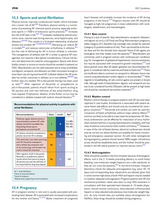 13.3 Sports and atrial ﬁbrillation
Physical activity improves cardiovascular health, which translates
into a lower risk of AF.898
Therefore, physical activity is a corner-
stone of preventing AF. Intensive sports practice, especially endur-
ance sports (.1500 h of endurance sports practice),899
increases
the risk of AF later in life,900 – 902
probably mediated by altered auto-
nomic tone, volume load during exercise, atrial hypertrophy, and
dilatation.903,904
This results in a U-shaped relationship of physical
activity and incident AF.214,898,902,905,906
Detraining can reduce AF
in models904
and reduces ventricular arrhythmias in athletes,907
but the role of detraining for AF in human athletes is unknown.
The management of athletes with AF is similar to general AF man-
agement, but requires a few special considerations. Clinical risk fac-
tors will determine the need for anticoagulation. Sports with direct
bodily contact or prone to trauma should be avoided in patients on
OAC. Beta-blockers are not well tolerated and at times prohibited,
and digoxin, verapamil, and diltiazem are often not potent enough to
slow heart rate during exertional AF. Catheter ablation for AF prob-
ably has similar outcomes in athletes as in non-athletes,908,909
but
further data are needed. Pill-in-the-pocket therapy has been used
as well.620
After ingestion of ﬂecainide or propafenone as
pill-in-the-pocket, patients should refrain from sports as long as
AF persists and until two half-lives of the antiarrhythmic drug
have elapsed. Prophylactic ablation of the ﬂutter circuit may be
considered in athletes treated with sodium channel blockers.910
Recommendations for physical activity in patients with
atrial ﬁbrillation
Recommendations Classa
Levelb
Ref C
Moderate regular physical activity is
recommended to prevent AF, while
athletes should be counselled that
long-lasting intense sports
participation can promote AF.
I A
214,898,
900–902,
905,906
AF ablation should be considered to
prevent recurrent AF in athletes.
IIa B 908,909
The ventricular rate while exercising
with AF should be evaluated in
every athlete (by symptoms and/
or by monitoring), and titrated rate
control should be instituted.
IIa C
After ingestion of pill-in-the-pocket
flecainide or propafenone, patients
should refrain from sports as long as
AF persists and until two half-lives of
the antiarrhythmic drug have elapsed.
IIa C 620
AF ¼ atrial ﬁbrillation.
a
Class of recommendation.
b
Level of evidence.
c
Reference(s) supporting recommendations.
13.4 Pregnancy
AF in pregnant women is rare and is usually associated with pre-
existing heart disease. AF is associated with increased complications
for the mother and foetus.911,912
Better treatment of congenital
heart diseases will probably increase the incidence of AF during
pregnancy in the future.913
Pregnant women with AF should be
managed as high-risk pregnancies in close collaboration with cardi-
ologists, obstetricians, and neonatologists.
13.4.1 Rate control
Owing to a lack of speciﬁc data, beta-blockers, verapamil, diltiazem,
and digoxin all carry a US Food and Drug Administration pregnancy
safety category of C (beneﬁts may outweigh risk), except for atenolol
(category D: positive evidence of risk). Their use should be at the low-
est dose and for the shortest time required. None of the agents are
teratogenic, but they readily cross the placenta.914
Beta-blockers are
commonly used in pregnant women with cardiovascular conditions
(e.g. for management of gestational hypertension and pre-eclampsia),
but may be associated with intrauterine growth retardation,915
and
hence growth scans after 20 weeks’ gestation are recommended. Di-
goxin is considered safe for maternal and foetal arrhythmias.916
There
are insufﬁcient data to comment on verapamil or diltiazem, hence rate
control using beta-blockers and/or digoxin is recommended.917
With
regards to breastfeeding, all rate control agents are present in breast
milk, although levels of beta-blockers, digoxin, and verapamil are too
low to be considered harmful. Diltiazem will be present at high levels
and should be considered second-line treatment.918
13.4.2 Rhythm control
Rhythm control therapy in pregnant patients with AF has only been
reported in case studies. Amiodarone is associated with severe ad-
verse foetal side-effects and should only be considered for emer-
gency situations.919
Flecainide and sotalol can both be used for
conversion of foetal arrhythmias without major adverse effects,920
and thus are likely to be safe to treat maternal symptomatic AF. Elec-
trical cardioversion can be effective for restoration of sinus rhythm
when tachyarrhythmia is causing haemodynamic instability, with low
rates of adverse outcomes for both mother and foetus.921
However,
in view of the risk of foetal distress, electrical cardioversion should
only be carried out where facilities are available for foetal monitor-
ing and emergency caesarean section. As with other emergencies
during pregnancy, patients should receive 100% oxygen, intravenous
access should be established early, and the mother should be posi-
tioned in the left lateral position to improve venous return.922
13.4.3 Anticoagulation
VKAs should be avoided in the ﬁrst trimester because of teratogenic
effects, and in the 2–4 weeks preceding delivery to avoid foetal
bleeding. Low-molecular-weight heparins are a safe substitute, as
they do not cross the placenta.923
In the third trimester, frequent
laboratory checks for adequate anticoagulation (e.g. every 10–14
days) and corresponding dose adjustments are advised, given that
in some women high doses of both VKA and heparin may be needed
to maintain adequate anticoagulation. Pregnant patients with AF and
mechanical prosthetic valves who elect to stop VKA treatment in
consultation with their specialist team between 6–12 weeks of ges-
tation, should receive continuous, dose-adjusted unfractionated
heparin or dose-adjusted subcutaneous low-molecular-weight hep-
arin. As only limited data are available about teratogenesis for
NOACs, these drugs should be avoided during pregnancy.
ESC Guidelines2946
 