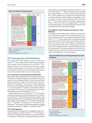 Recommendations during pregnancy
Recommendations Classa
Levelb
Ref C
Electrical cardioversion can be
performed safely at all stages of
pregnancy, and is recommended in
patients who are haemodynamically
unstable due to AF, and whenever the
risk of ongoing AF is considered high
for the mother or the foetus.
I C
Anticoagulation is recommended
in pregnant patients with AF
at risk of stroke. To minimize
teratogenic risk and intrauterine
bleeding, dose-adjusted heparin
trimester of pregnancy and in the
is recommended during the first
2–4 weeks before delivery. Vitamin
K antagonists or heparin can be
used in the remaining parts of the
pregnancy.
I B 923
NOACs should be avoided in
pregnancy and in women planning a
pregnancy.
III
(harm)
C
NOAC ¼ non-vitamin K antagonist oral anticoagulants.
a
Class of recommendation.
b
Level of evidence.
c
Reference(s) supporting recommendations.
13.5 Post-operative atrial ﬁbrillation
AF is common after cardiac surgery (occurring in 15–45% of pa-
tients),924 – 926
and is associated with increased length of hospital
stay and higher rates of complications and mortality.927
Post-
operative AF is also not uncommon after other major surgery,
especially in elderly patients. The treatment of post-operative AF
is mainly based on studies of patients undergoing cardiac surgery,
with much less evidence in the non-cardiac surgery setting.
13.5.1 Prevention of post-operative atrial ﬁbrillation
Beta-blockers reduce post-operative AF and supraventricular tachy-
cardias, albeit with high heterogeneity and moderate risk of bias in a
systematic review of published studies. The most commonly studied
drug was propranolol, with AF in 16.3% of the treatment group vs.
31.7% in the control group.925
In the majority of these studies, beta-
blockers were administered post-operatively, a regimen supported
in a recent meta-analysis.928
Amiodarone reduced the incidence of
post-operative AF compared to beta-blocker therapy in several
meta-analyses, also reducing hospital stay.925,929 – 931
Despite initial reports from meta-analyses,689,932,933
pre-operative
treatment with statins did not prevent post-operative AF in a prospect-
ive controlled trial.934
Other therapies have also been studied in small,
hypothesis-generating trials, but have not demonstrated clear beneﬁcial
effects. These include magnesium,925,935,936
n-3 polyunsaturated fatty
acids,937–945
colchicine,946
corticosteroids,947,948
and posterior peri-
cardectomy.949
Post-operative overdrive biatrial pacing has not gained
widespread use despite some suggestion of prophylactic effects.925,950
13.5.2 Anticoagulation
Post-operative AF is associated with an increased early stroke risk, in-
creased morbidity, and 30-day mortality.927,951,952
In the long-term,
patients with an episode of post-operative AF have a two-fold increase
in cardiovascular mortality, and a substantially increased risk of future
AF and ischaemic stroke, compared with patients that remain in sinus
rhythm after surgery.952–958
OAC at discharge has been associated
with a reduced long-term mortality in patients with post,operative
AF,959
without evidence from controlled trials. Good quality data
are needed to determine whether long-term anticoagulation can pre-
vent strokes in patients with post-operative AF at high stroke
risk,368,386
and to assess whether short episodes of post-operative
AF (e.g. ,48 h) carry a similar risk as longer episodes.960
The indica-
tion and timing of OAC in post-operative AF patients should take into
consideration the risk of post-operative bleeding.
13.5.3 Rhythm control therapy in post-operative atrial
ﬁbrillation
In haemodynamically unstable patients, cardioversion and consider-
ation of antiarrhythmic drugs is recommended. Amiodarone or ver-
nakalant have been efﬁcient in converting post-operative AF to sinus
rhythm.603,950,961
A recent medium-sized trial randomizing patients
with post-operative AF to either rhythm control therapy with amio-
darone or to rate control did not ﬁnd a difference in hospital admis-
sions during a 60-day follow-up,962
underpinning that the aim of
rhythm control therapy should be to improve AF-related symptoms
in post-operative AF. In asymptomatic patients and in those with ac-
ceptable symptoms, rate control or deferred cardioversion pre-
ceded by anticoagulation is a reasonable approach.
Recommendations for preventing postoperative atrial
ﬁbrillation
Recommendations Classa
Levelb
RefC
Peri-operative oral beta-blocker
therapy is recommended for the
prevention of post-operative AF after
cardiac surgery.
I B 925,928
Restoration of sinus rhythm
by electrical cardioversion
or antiarrhythmic drugs is
recommended in postoperative AF
with haemodynamic instability.
I C
Long-term anticoagulation should be
considered in patients with AF after
cardiac surgery at risk for stroke,
considering individual stroke and
bleeding risk.
IIa B 368,386
Antiarrhythmic drugs should
be considered for symptomatic
postoperative AF after cardiac
surgery in an attempt to restore
sinus rhythm.
IIa C
Peri-operative amiodarone should be
considered as prophylactic therapy
to prevent AF after cardiac surgery.
IIa A 905
Asymptomatic postoperative AF
should initially be managed with rate
control and anticoagulation.
IIa B 962
Intravenous vernakalant may be
considered for cardioversion of
postoperative AF in patients without
severe heart failure, hypotension,
or severe structural heart disease
(especially aortic stenosis).
IIb B 603
AF ¼ atrial ﬁbrillation.
a
Class of recommendation.
b
Level of evidence.
c
Reference(s) supporting recommendations.
ESC Guidelines 2947
 