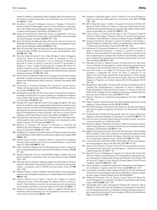 Sanders P, Grifﬁths L, Vandenberg JI, Fatkin D. Epistatic effects of potassium chan-
nel variation on cardiac repolarization and atrial ﬁbrillation risk. J Am Coll Cardiol
2012;59:1017–1025.
887. Giustetto C, Cerrato N, Gribaudo E, Scrocco C, Castagno D, Richiardi E,
Giachino D, Bianchi F, Barbonaglia L, Ferraro A. Atrial ﬁbrillation in a large popu-
lation with Brugada electrocardiographic pattern: prevalence, management, and
correlation with prognosis. Heart Rhythm 2014;11:259–265.
888. Darbar D, Kannankeril PJ, Donahue BS, Kucera G, Stubbleﬁeld T, Haines JL,
George AL Jr, Roden DM. Cardiac sodium channel (SCN5A) variants associated
with atrial ﬁbrillation. Circulation 2008;117:1927–1935.
889. Olson TM, Michels VV, Ballew JD, Reyna SP, Karst ML, Herron KJ, Horton SC,
Rodeheffer RJ, Anderson JL. Sodium channel mutations and susceptibility to heart
failure and atrial ﬁbrillation. JAMA 2005;293:447–454.
890. Ellinor PT, Moore RK, Patton KK, Ruskin JN, Pollak MR, Macrae CA. Mutations in
the long QT gene, KCNQ1, are an uncommon cause of atrial ﬁbrillation. Heart
2004;90:1487–1488.
891. Priori SG, Wilde AA, Horie M, Cho Y, Behr ER, Berul C, Blom N, Brugada J,
Chiang CE, Huikuri H, Kannankeril P, Krahn A, Leenhardt A, Moss A,
Schwartz PJ, Shimizu W, Tomaselli G, Tracy C, Ackerman M, Belhassen B,
Estes NA III, Fatkin D, Kalman J, Kaufman E, Kirchhof P, Schulze-Bahr E,
Wolpert C, Vohra J, Refaat M, Etheridge SP, Campbell RM, Martin ET,
Quek SC. Executive summary: HRS/EHRA/APHRS expert consensus statement
on the diagnosis and management of patients with inherited primary arrhythmia
syndromes. Europace 2013;15:1389–1406.
892. Antz M, Weiss C, Volkmer M, Hebe J, Ernst S, Ouyang F, Kuck KH. Risk of sudden
death after successful accessory atrioventricular pathway ablation in resuscitated
patients with Wolff-Parkinson-White syndrome. J Cardiovasc Electrophysiol 2002;
13:231–236.
893. Timmermans C, Smeets JL, Rodriguez LM, Vrouchos G, van den Dool A,
Wellens HJ. Aborted sudden death in the Wolff-Parkinson-White syndrome.
Am J Cardiol 1995;76:492–494.
894. Bromberg BI, Lindsay BD, Cain ME, Cox JL. Impact of clinical history and electro-
physiologic characterization of accessory pathways on management strategies to
reduce sudden death among children with Wolff-Parkinson-White syndrome.
J Am Coll Cardiol 1996;27:690–695.
895. Al-Khatib SM, Arshad A, Balk EM, Das SR, Hsu JC, Joglar JA, Page RL. Risk strati-
ﬁcation for arrhythmic events in patients with asymptomatic pre-excitation: A sys-
tematic review for the 2015 ACC/AHA/HRS guideline for the management of
adult patients with supraventricular tachycardia: A Report of the American Col-
lege of Cardiology/American Heart Association Task Force on Clinical Practice
Guidelines and the Heart Rhythm Society. Heart Rhythm 2016;13:e222–237.
896. Maron BJ, Ommen SR, Semsarian C, Spirito P, Olivotto I, Maron MS. Hypertrophic
cardiomyopathy: present and future, with translation into contemporary cardio-
vascular medicine. J Am Coll Cardiol 2014;64:83–99.
897. Robinson K, Frenneaux MP, Stockins B, Karatasakis G, Poloniecki JD,
McKenna WJ. Atrial ﬁbrillation in hypertrophic cardiomyopathy: a longitudinal
study. J Am Coll Cardiol 1990;15:1279–1285.
898. Mozaffarian D, Furberg CD, Psaty BM, Siscovick D. Physical activity and incidence
of atrial ﬁbrillation in older adults: the cardiovascular health study. Circulation 2008;
118:800–807.
899. Elosua R, Arquer A, Mont L, Sambola A, Molina L, Garcia-Moran E, Brugada J,
Marrugat J. Sport practice and the risk of lone atrial ﬁbrillation: a case-control
study. Int J Cardiol 2006;108:332–337.
900. Mont L, Sambola A, Brugada J, Vacca M, Marrugat J, Elosua R, Pare C, Azqueta M,
Sanz G. Long-lasting sport practice and lone atrial ﬁbrillation. Eur Heart J 2002;23:
477–482.
901. Abdulla J, Nielsen JR. Is the risk of atrial ﬁbrillation higher in athletes than in the
general population? A systematic review and meta-analysis. Europace 2009;11:
1156–1159.
902. Thelle DS, Selmer R, Gjesdal K, Sakshaug S, Jugessur A, Graff-Iversen S, Tverdal A,
Nystad W. Resting heart rate and physical activity as risk factors for lone atrial ﬁb-
rillation: a prospective study of 309,540 men and women. Heart 2013;99:
1755–1760.
903. Wilhelm M, Roten L, Tanner H, Wilhelm I, Schmid JP, Saner H. Atrial remodeling,
autonomic tone, and lifetime training hours in nonelite athletes. Am J Cardiol 2011;
108:580–585.
904. Guasch E, Benito B, Qi X, Cifelli C, Naud P, Shi Y, Mighiu A, Tardif JC,
Tadevosyan A, Chen Y, Gillis MA, Iwasaki YK, Dobrev D, Mont L, Heximer S,
Nattel S. Atrial ﬁbrillation promotion by endurance exercise: demonstration
and mechanistic exploration in an animal model. J Am Coll Cardiol 2013;62:68–77.
905. Andersen K, Farahmand B, Ahlbom A, Held C, Ljunghall S, Michaelsson K,
Sundstrom J. Risk of arrhythmias in 52 755 long-distance cross-country skiers: a
cohort study. Eur Heart J 2013;34:3624–3631.
906. Karjalainen J, Kujala UM, Kaprio J, Sarna S, Viitasalo M. Lone atrial ﬁbrillation in
vigorously exercising middle aged men: case-control study. BMJ 1998;316:
1784–1785.
907. Bifﬁ A, Maron BJ, Culasso F, Verdile L, Fernando F, Di Giacinto B, Di Paolo FM,
Spataro A, Delise P, Pelliccia A. Patterns of ventricular tachyarrhythmias asso-
ciated with training, deconditioning and retraining in elite athletes without cardio-
vascular abnormalities. Am J Cardiol 2011;107:697–703.
908. Calvo N, Mont L, Tamborero D, Berruezo A, Viola G, Guasch E, Nadal M,
Andreu D, Vidal B, Sitges M, Brugada J. Efﬁcacy of circumferential pulmonary
vein ablation of atrial ﬁbrillation in endurance athletes. Europace 2010;12:30–36.
909. Koopman P, Nuyens D, Garweg C, La Gerche A, De Buck S, Van Casteren L,
Alzand B, Willems R, Heidbuchel H. Efﬁcacy of radiofrequency catheter ablation
in athletes with atrial ﬁbrillation. Europace 2011;13:1386–1393.
910. Heidbuchel H, Panhuyzen-Goedkoop N, Corrado D, Hoffmann E, Bifﬁ A,
Delise P, Blomstrom-Lundqvist C, Vanhees L, Ivarhoff P, Dorwarth U,
Pelliccia A. Recommendations for participation in leisure-time physical activity
and competitive sports in patients with arrhythmias and potentially arrhythmo-
genic conditions Part I: Supraventricular arrhythmias and pacemakers. Eur J Cardi-
ovasc Prev Rehabil 2006;13:475–484.
911. Silversides CK, Harris L, Haberer K, Sermer M, Colman JM, Siu SC. Recurrence
rates of arrhythmias during pregnancy in women with previous tachyarrhythmia
and impact on fetal and neonatal outcomes. Am J Cardiol 2006;97:1206–1212.
912. Salam AM, Ertekin E, van Hagen IM, Al Suwaidi J, Ruys TPE, Johnson MR,
Gumbiene L, Frogoudaki AA, Sorour KA, Iserin L, Ladouceur M, van
Oppen ACC, Hall R, Roos-Hesselink JW. Atrial Fibrillation or Flutter During
Pregnancy in Patients With Structural Heart Disease: Data From the ROPAC
(Registry on Pregnancy and Cardiac Disease). JACC Clin Electrophysiol 2015;1:
284–292.
913. Baumgartner H, Bonhoeffer P, De Groot NM, de Haan F, Deanﬁeld JE, Galie N,
Gatzoulis MA, Gohlke-Baerwolf C, Kaemmerer H, Kilner P, Meijboom F,
Mulder BJ, Oechslin E, Oliver JM, Serraf A, Szatmari A, Thaulow E, Vouhe PR,
Walma E. ESC Guidelines for the management of grown-up congenital heart dis-
ease (new version 2010). Eur Heart J 2010;31:2915–2957.
914. Page RL. Treatment of arrhythmias during pregnancy. Am Heart J 1995;130:
871–876.
915. Magee LA, Duley L. Oral beta-blockers for mild to moderate hypertension during
pregnancy. Cochrane Database Syst Rev 2003;3:CD002863.
916. Mitani GM, Steinberg I, Lien EJ, Harrison EC, Elkayam U. The pharmacokinetics of
antiarrhythmic agents in pregnancy and lactation. Clin Pharmacokinet 1987;12:
253–291.
917. Gowda RM, Khan IA, Mehta NJ, Vasavada BC, Sacchi TJ. Cardiac arrhythmias in
pregnancy: clinical and therapeutic considerations. Int J Cardiol 2003;88:129–133.
918. Joint Formulary Committee. British National Formulary (online). http://www
.medicinescomplete.com (2 December 2014).
919. Bartalena L, Bogazzi F, Braverman LE, Martino E. Effects of amiodarone adminis-
tration during pregnancy on neonatal thyroid function and subsequent neurode-
velopment. J Endocrinol Invest 2001;24:116–130.
920. Jaeggi ET, Carvalho JS, De Groot E, Api O, Clur SA, Rammeloo L, McCrindle BW,
Ryan G, Manlhiot C, Blom NA. Comparison of transplacental treatment of fetal
supraventricular tachyarrhythmias with digoxin, ﬂecainide, and sotalol: results
of a nonrandomized multicenter study. Circulation 2011;124:1747–1754.
921. Tromp CHN, Nanne ACM, Pernet PJM, Tukkie R, Bolte AC. Electrical cardiover-
sion during pregnancy: safe or not? Neth Heart J 2011;19:134–136.
922. Ghosh N, Luk A, Derzko C, Dorian P, Chow CM. The acute treatment of mater-
nal supraventricular tachycardias during pregnancy: a review of the literature.
J Obstet Gynaecol Can 2011;33:17–23.
923. Bates SM, Greer IA, Middeldorp S, Veenstra DL, Prabulos AM, Vandvik PO,
American College of Chest Physicians. VTE, thrombophilia, antithrombotic ther-
apy, and pregnancy: Antithrombotic Therapy and Prevention of Thrombosis, 9th
ed: American College of Chest Physicians Evidence-Based Clinical Practice
Guidelines. Chest 2012;141:e691S–736S.
924. Ahlsson AJ, Bodin L, Lundblad OH, Englund AG. Postoperative atrial ﬁbrillation is
not correlated to C-reactive protein. Ann Thorac Surg 2007;83:1332–1337.
925. Arsenault KA, Yusuf AM, Crystal E, Healey JS, Morillo CA, Nair GM, Whitlock RP.
Interventions for preventing post-operative atrial ﬁbrillation in patients undergo-
ing heart surgery. Cochrane Database Syst Rev 2013;1:Cd003611.
926. Mathew JP, Fontes ML, Tudor IC, Ramsay J, Duke P, Mazer CD, Barash PG,
Hsu PH, Mangano DT. A multicenter risk index for atrial ﬁbrillation after cardiac
surgery. JAMA 2004;291:1720–1729.
927. Steinberg BA, Zhao Y, He X, Hernandez AF, Fullerton DA, Thomas KL, Mills R,
Klaskala W, Peterson ED, Piccini JP. Management of postoperative atrial ﬁbrilla-
tion and subsequent outcomes in contemporary patients undergoing cardiac sur-
gery: insights from the Society of Thoracic Surgeons CAPS-Care Atrial Fibrillation
Registry. Clin Cardiol 2014;37:7–13.
ESC Guidelines 2962q
 